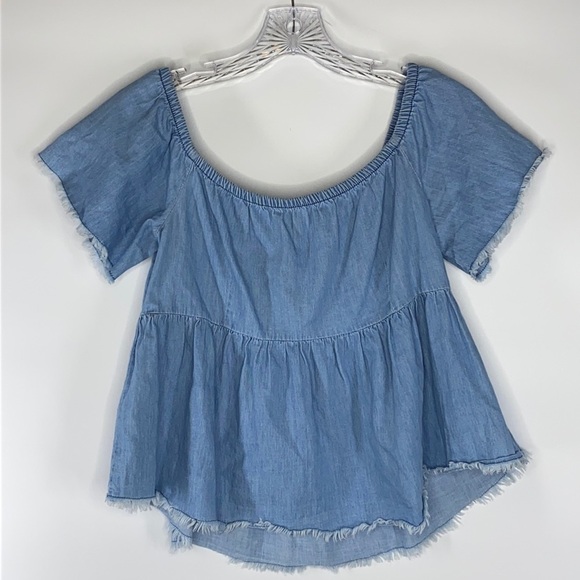 Zara Chambray Off The Shoulder Raw Hem Top - Picture 1 of 6